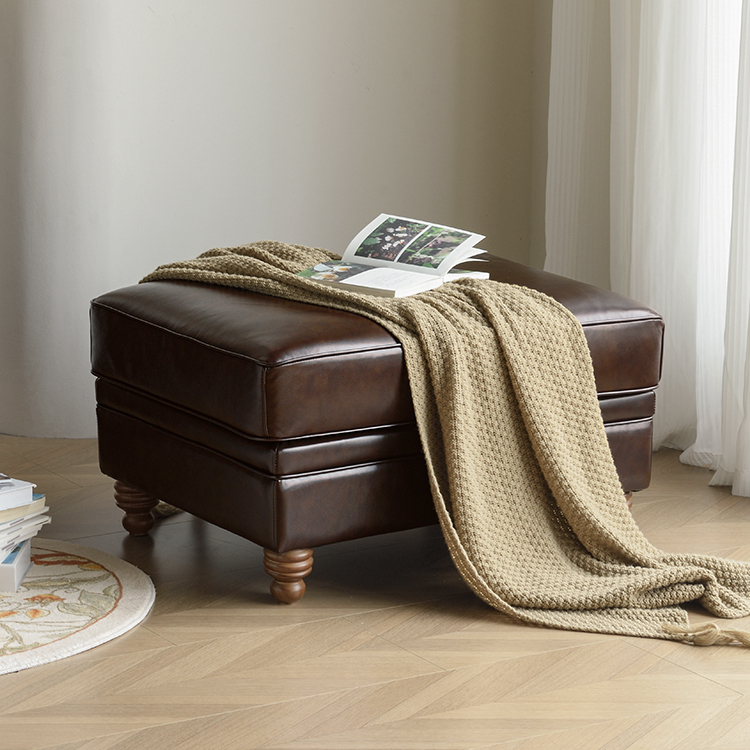 美式乡村真皮沙发脚踏全实木头层牛皮休闲椅组合复古家具