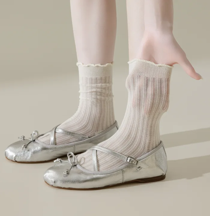  木耳边纯色网眼镂空袜子女中筒袜ins潮纯棉夏季薄款芭蕾风长袜女