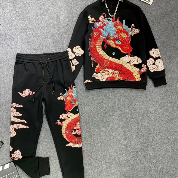 套装卫衣时尚休闲印花烫钻重工蛇年男士长袖情侣潮流中国风国潮