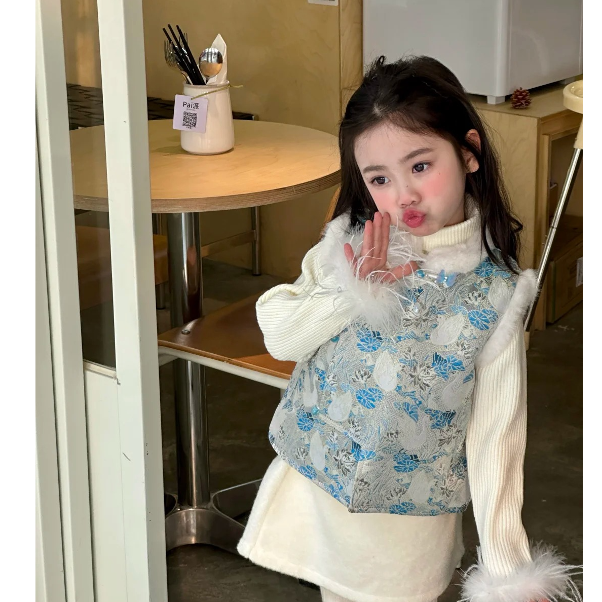 壹妈童装女童秋冬季新中式国风复古蓝色马甲洋气米色上衣百搭半裙