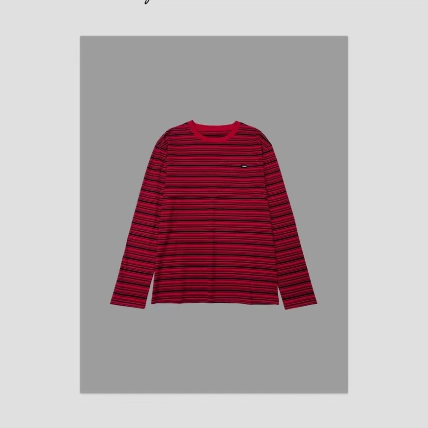 春夏2025新版条纹套头衫《套头圆领》红色长袖慵懒风时尚百搭休闲