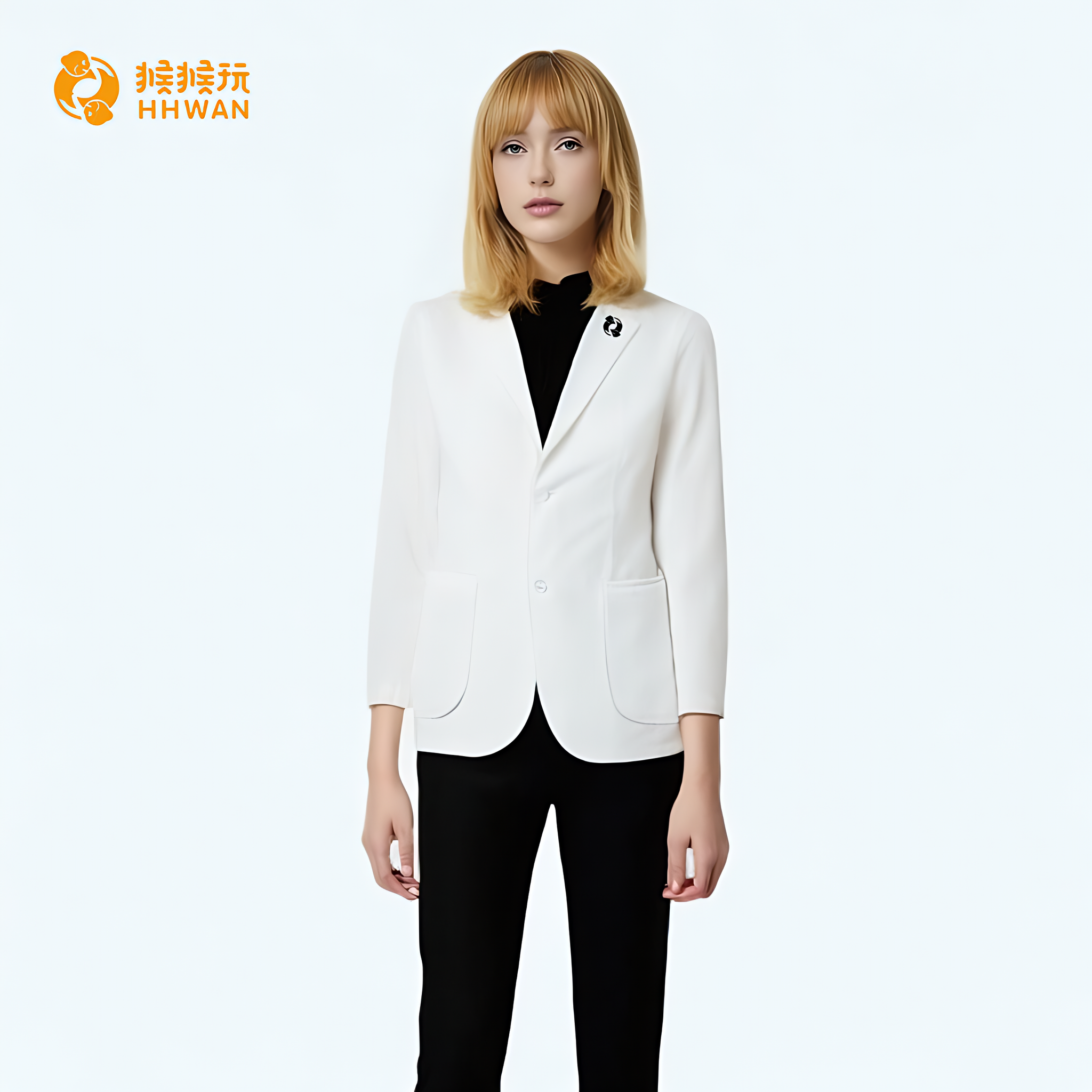 HHWAN女士细格提花运动时尚气质修身梭织秋季休闲西服西装-白色