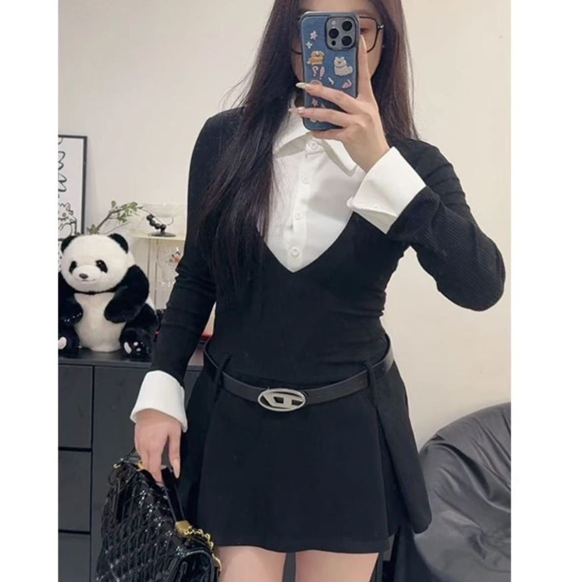 春款假两件连衣裙法式小众女装拼接长袖百搭裙子3377#