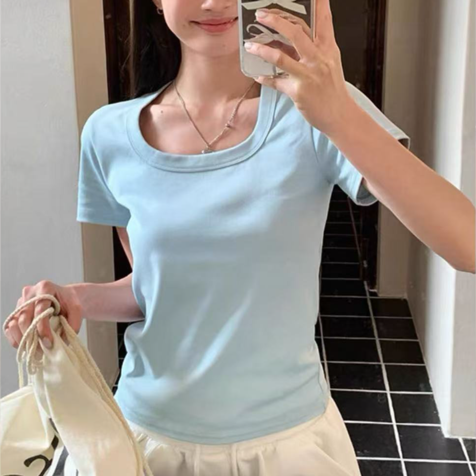 NICE圈圈、必入款方U领简约纯色基础短袖T恤A6002