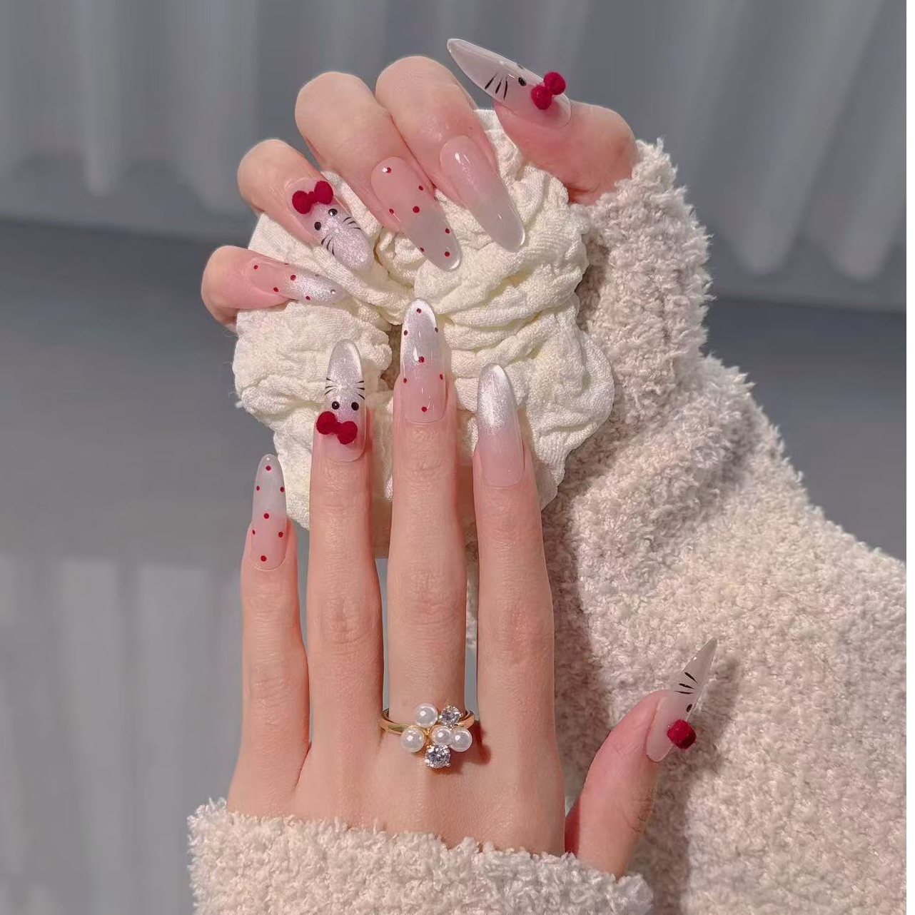 【丝绒KT猫】纯手工美甲玻璃珠猫眼搭配红色丝绒蝴蝶结可拆卸穿戴甲