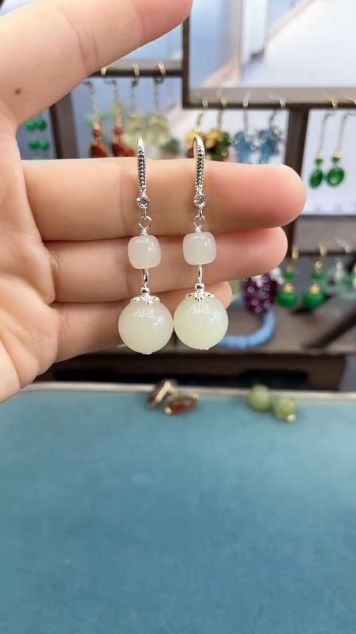 银S925镶嵌和田玉耳饰14mm白玉双珠