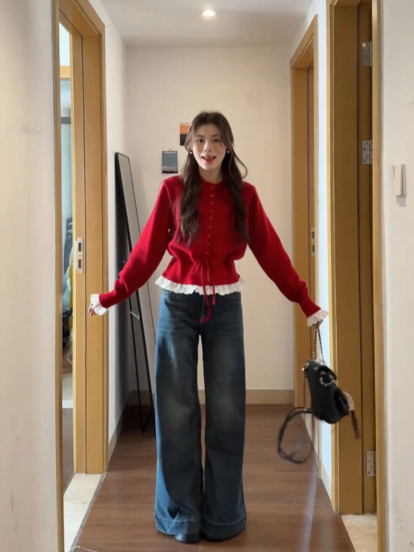 新年本命年圣诞红色假两件蕾丝针织毛衣女秋冬季内搭开衫外套上衣