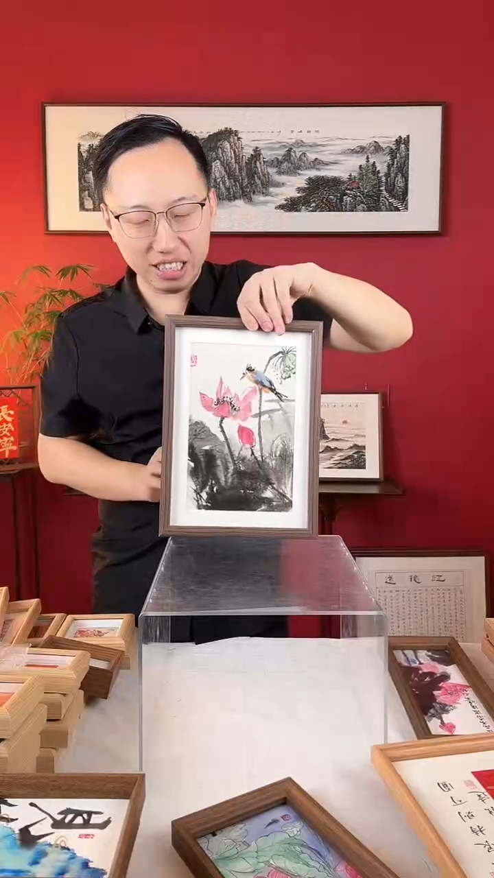【闪购商品】国画荷花翠鸟国画摆台