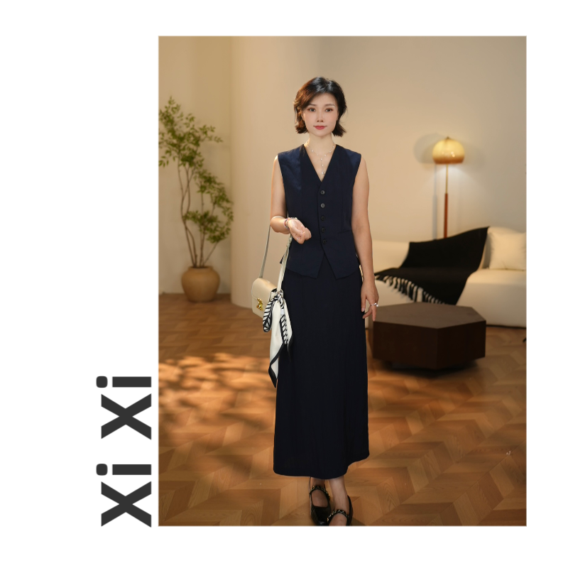 Xi 25251-8夏新款老钱风马甲+裙子套装女2025高定轻奢气质显瘦