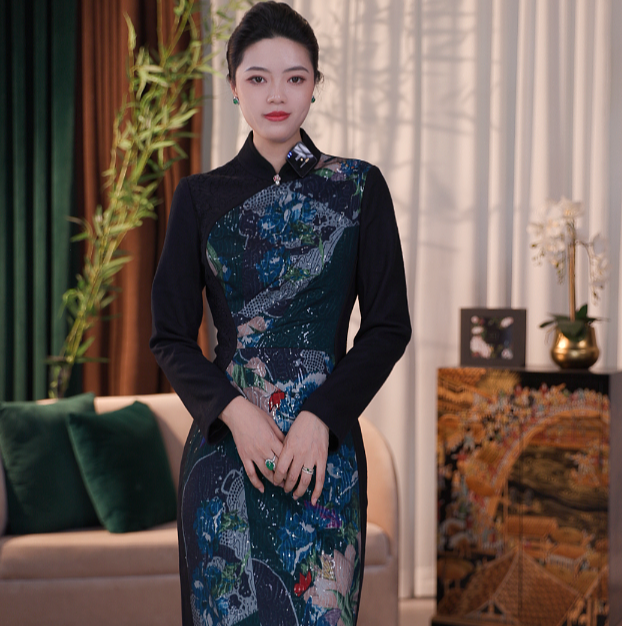 SUSSI/古色奥莱专供【玉骨冰肌】中式旗袍领长袖收腰连衣裙女装