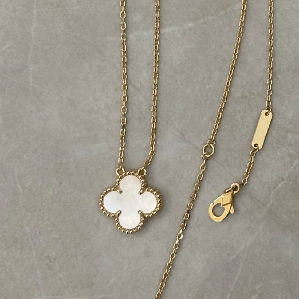 倒模版）18K金镶嵌白贝母四叶单花套链 K黄K枚可选 高档优雅双色