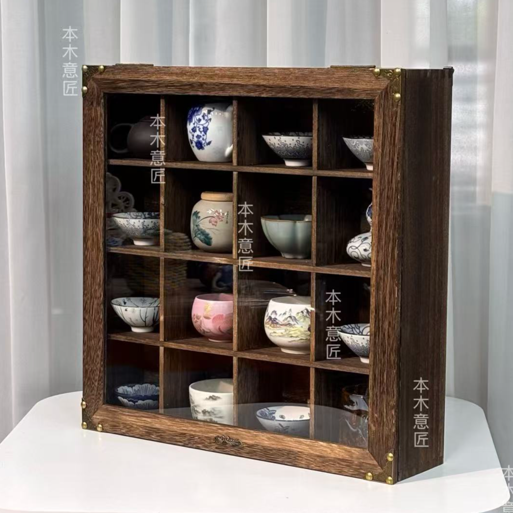 新中式桌面收纳盒带盖子收纳收纳盒置物架木柜防尘挂钩款1131