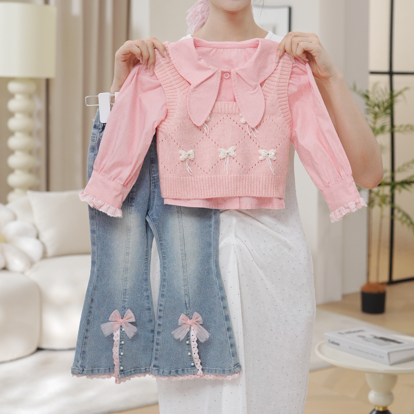 2025女童秋季新款高级感粉色衬衫马甲上衣牛仔裤三件套QA30573