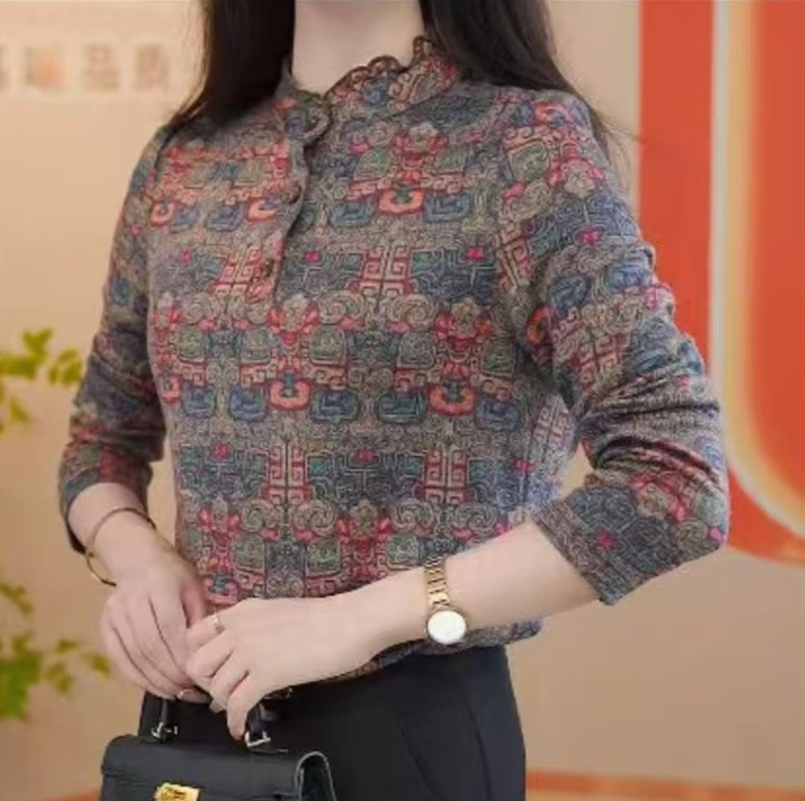 2025年初秋富贵连理百搭上衣洋气气质套头法式花色女衬衫小衫0810