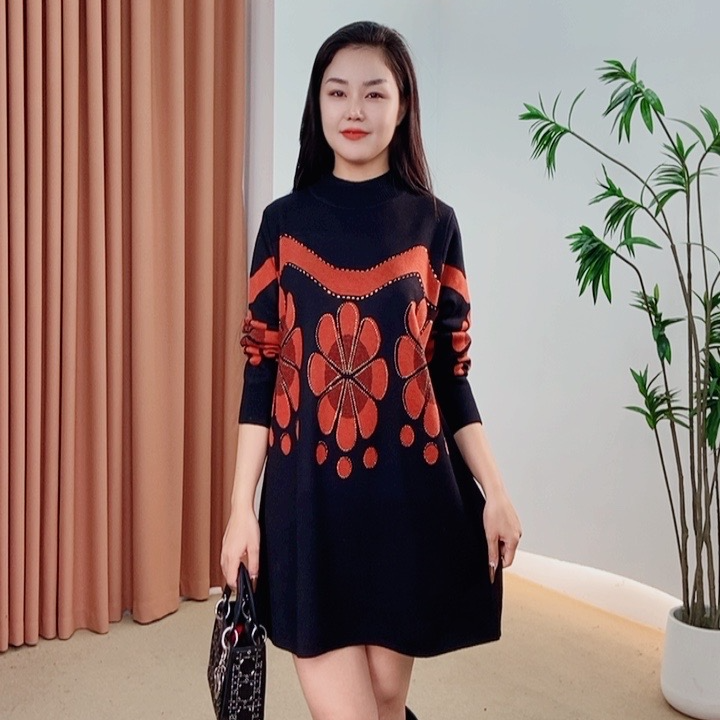 271时尚网红百搭显瘦秋冬针织洋气连衣裙提花不褪色高弹力新中式
