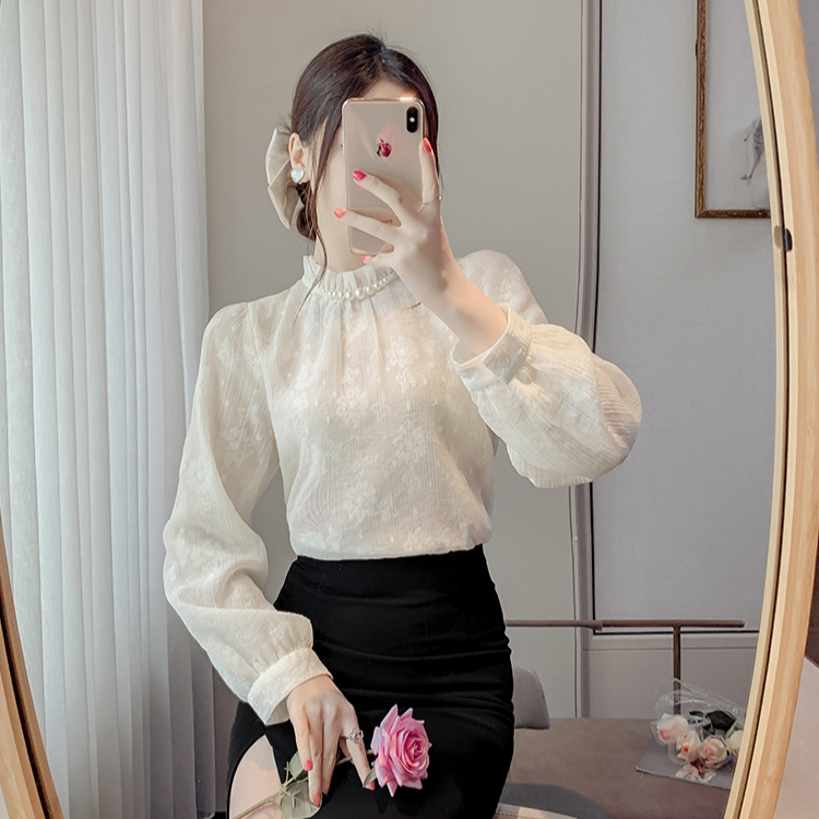 衬衫蕾丝气质长袖洋气时尚打底法式立领复古春季小众加绒高领#0Bi