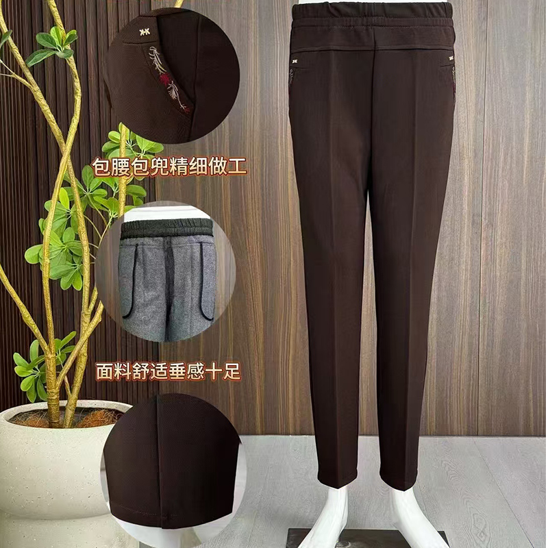 休闲风宽松型口袋刺绣中老年女裤厚款直筒型秋季新款婆婆裤高腰