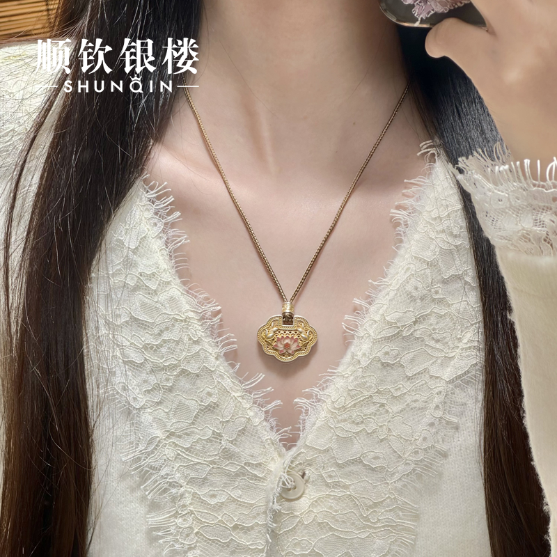 顺钦银楼 吊坠足银珐琅  【香妃纪套链】足银999.9镂空平安锁套链