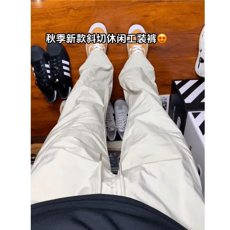 秋冬加绒美式基础斜切百搭休闲裤男显瘦显高潮流直筒工装冲锋长裤