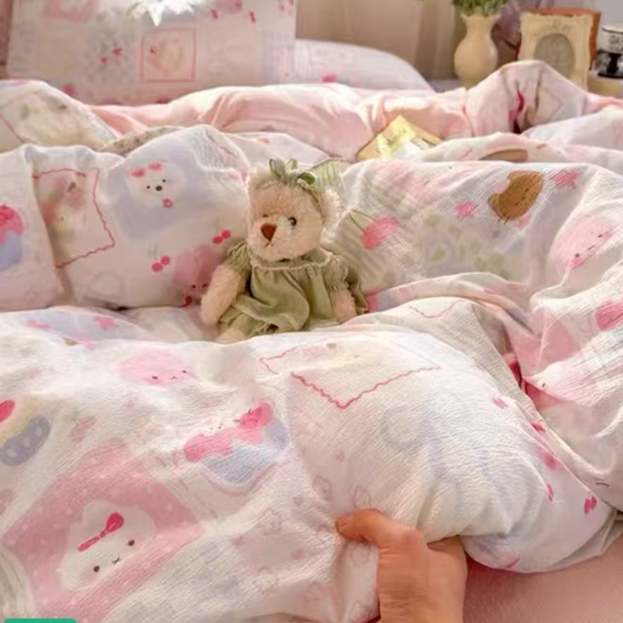 四件套【蜜桃四季春】有氧提花双层邹邹纱柔软透气母婴级