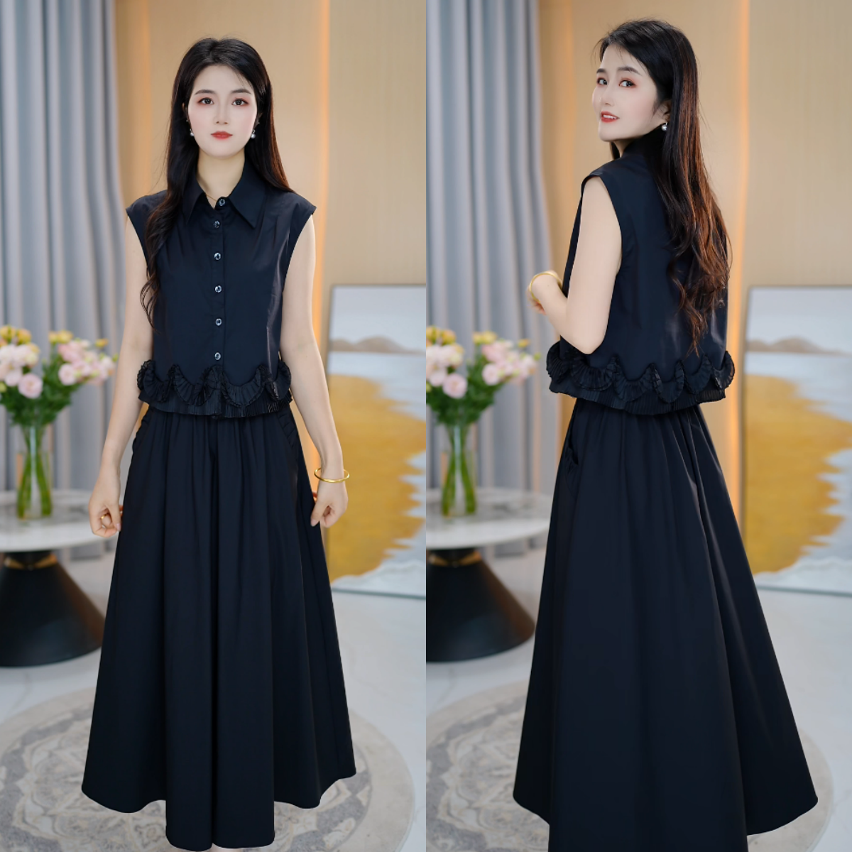 【靓颖佳高定套装】夏季新款无袖时尚气质修身显瘦韩版两件套连衣裙