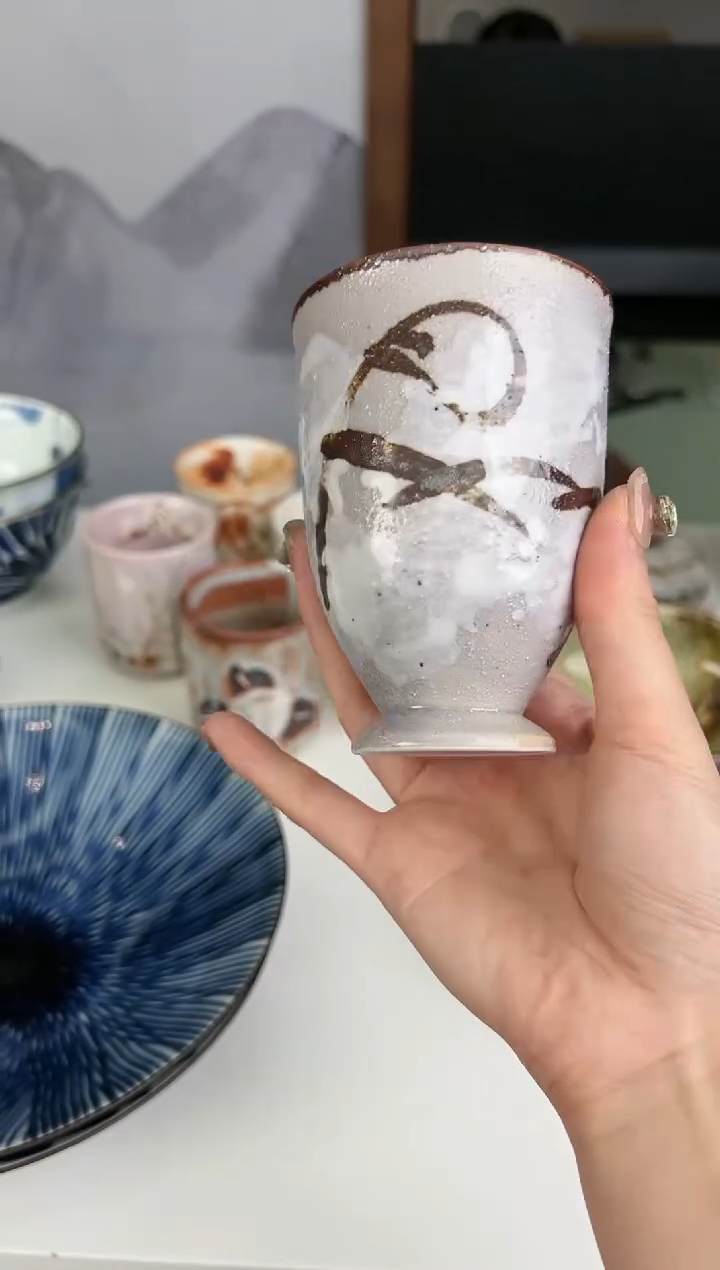 瓷志野烧手绘高脚杯两支