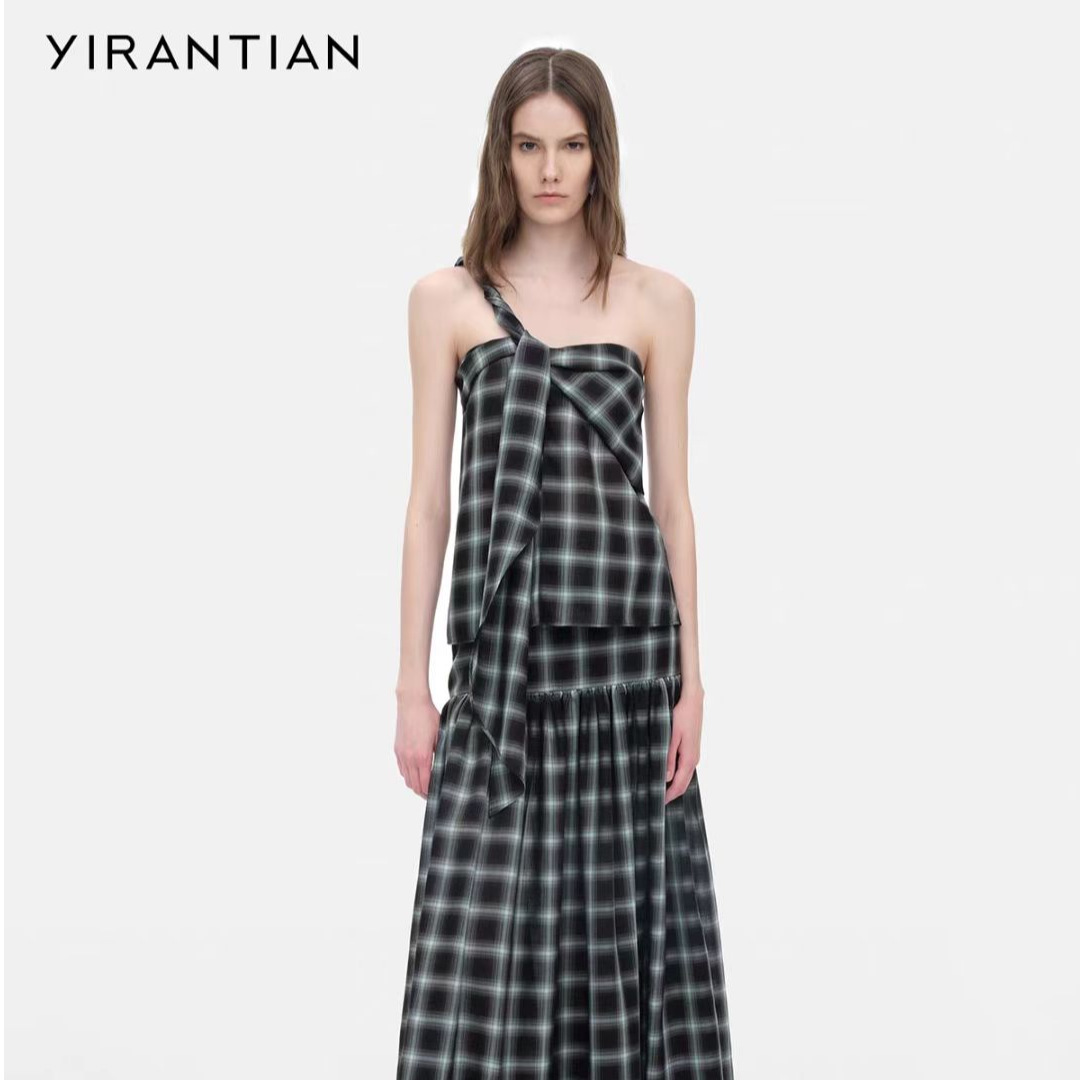 YIRANTIAN 25aw 设计师品牌【output】绿色格纹扭结抹胸上衣