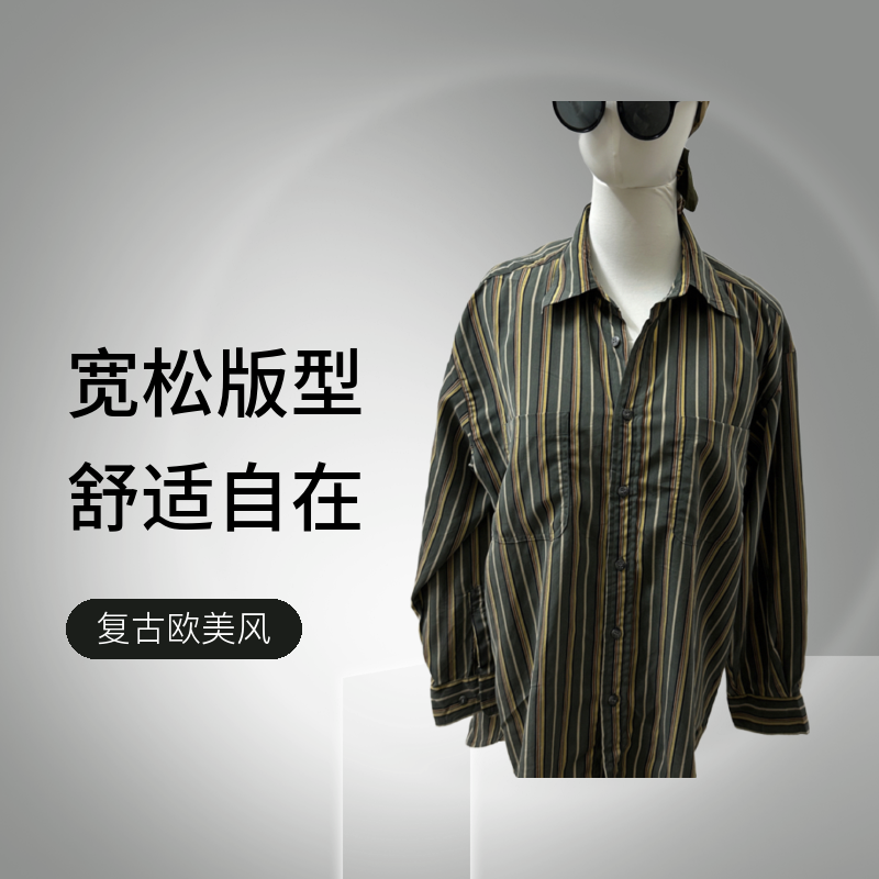 日制中古休闲长袖衬衣宽松衬衫春秋款复古欧美风
