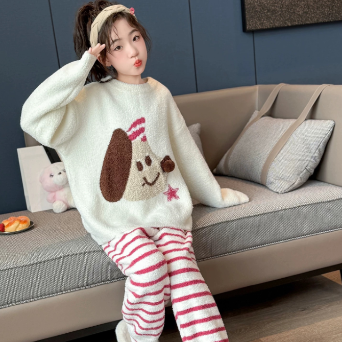 半边绒A类加厚睡衣A类家居服中大童卡通套装保暖韩版可外穿秋冬季