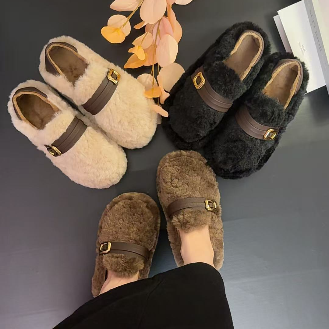 2025秋冬时尚舒适百搭一字带皮带扣加绒厚底全包和拖鞋两款