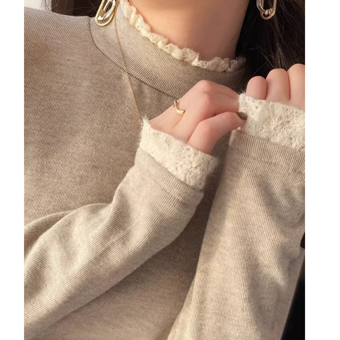【大美】蕾丝半高领加厚奥利绒打底上衣1397
