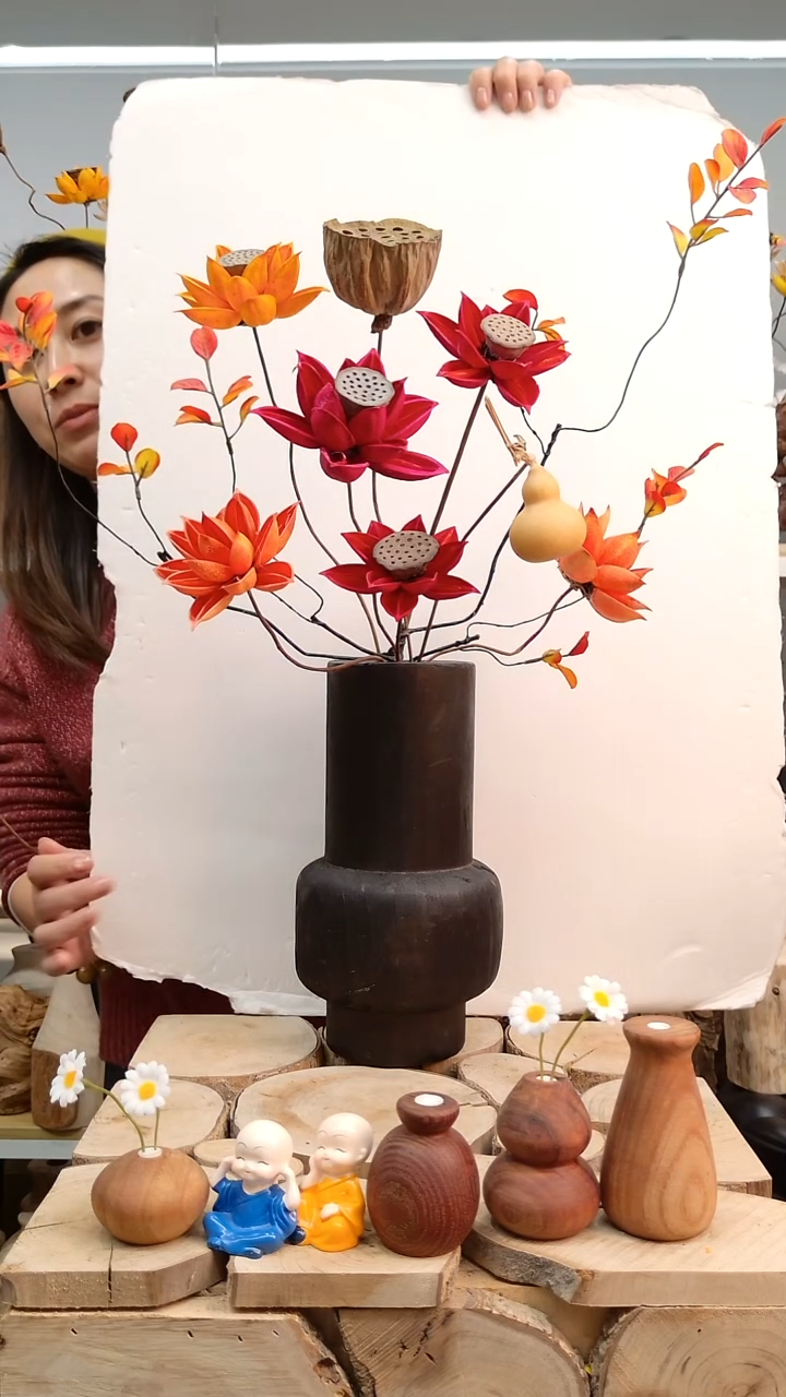木实木花瓶连花带瓶一套