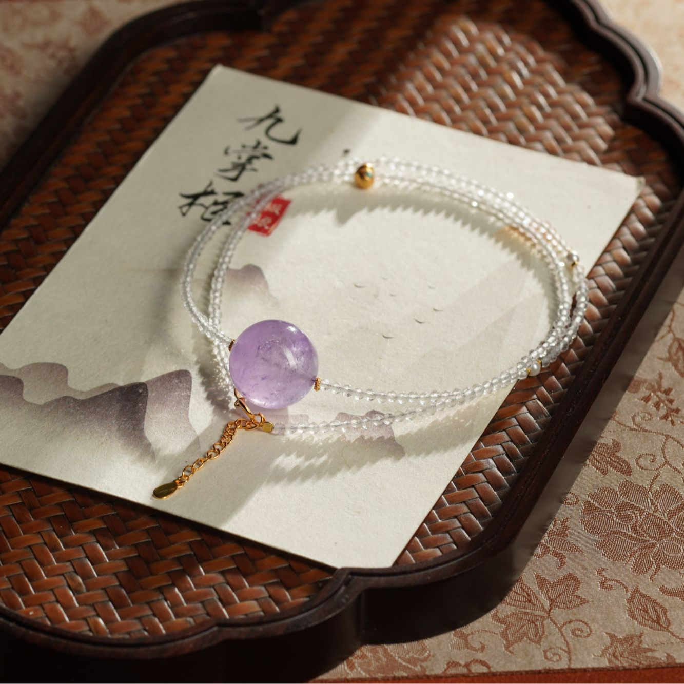 天然白水晶项链薰衣草单珠—多样性发其一珠链2mm吊坠17mm【JJ047】