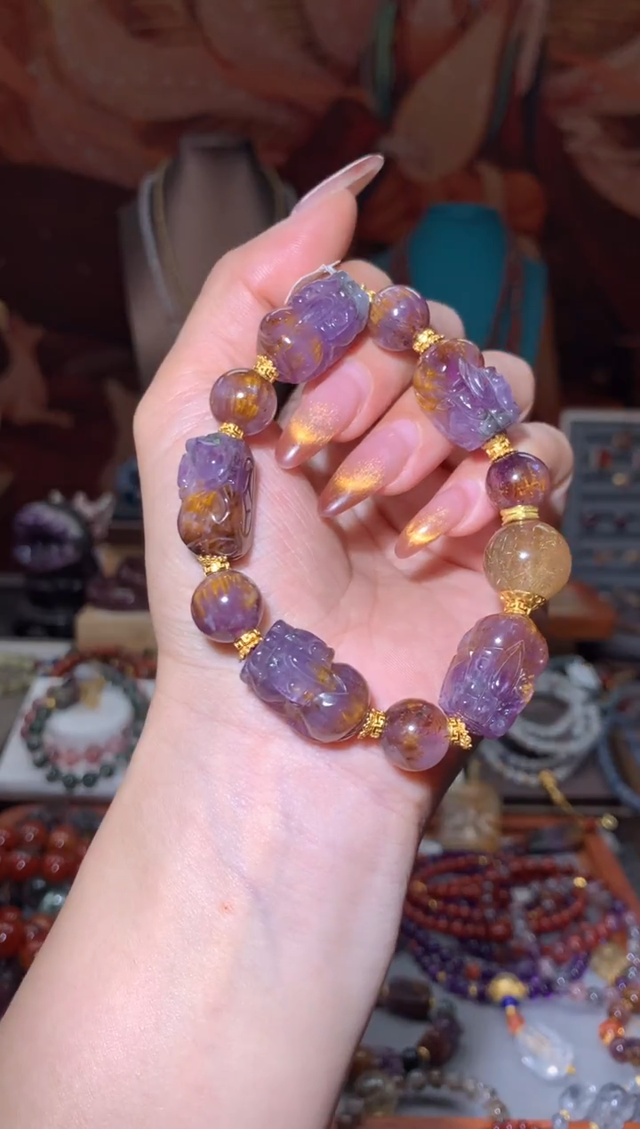 未镶嵌珠宝半成品水晶极光紫钛貔貅阵手串