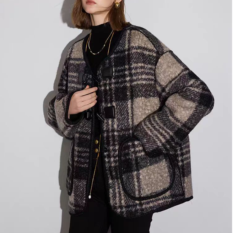 A216 开衫短外套保暖加绒加厚款女宽松格子复古短款冬季