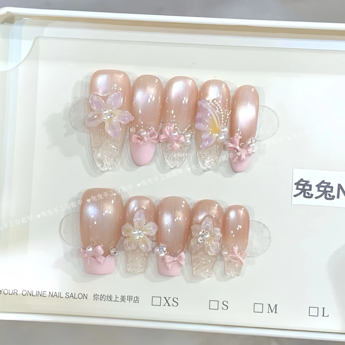 【珍珠冰百合】夏季高定纯手工美甲显白渐变蕾丝冰透轻奢风穿戴甲片