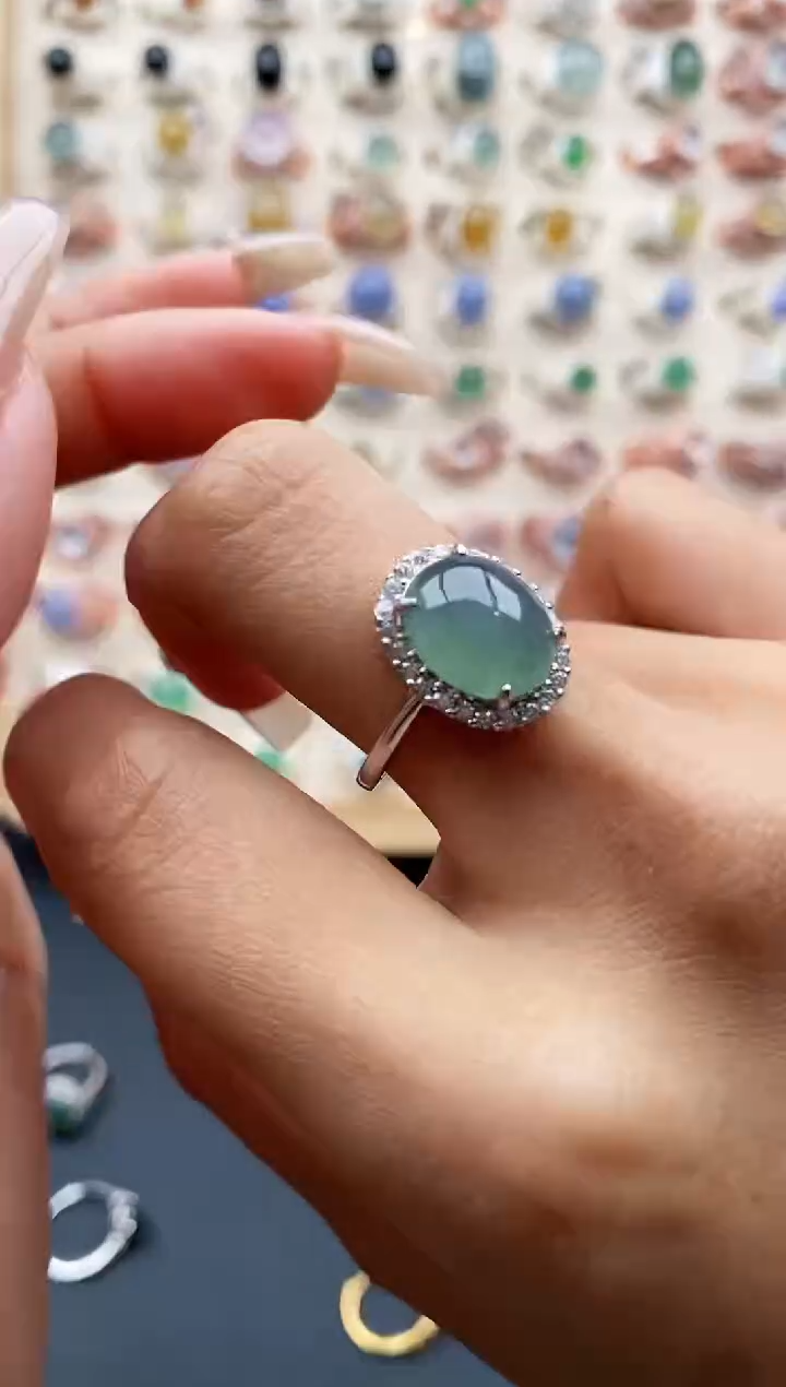 【闪购商品】翡翠戒指银S925镶嵌缅甸天然A货翡翠444  8+3