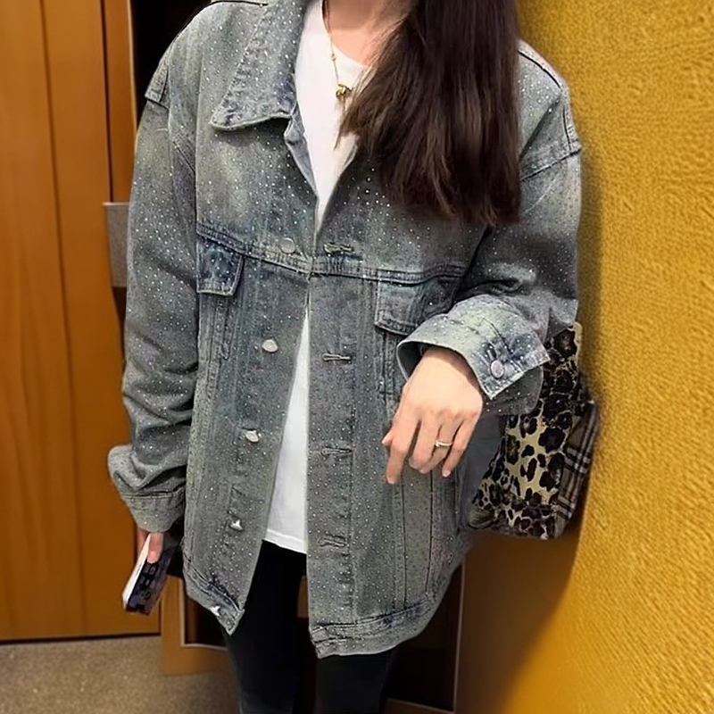 大码复古春季韩版休闲水洗牛仔外套时尚舒适百搭潮流重工烫钻