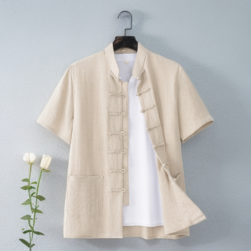 夏装清凉透气褶皱夏季口袋中式薄款标准款唐装青年休闲短袖中国风