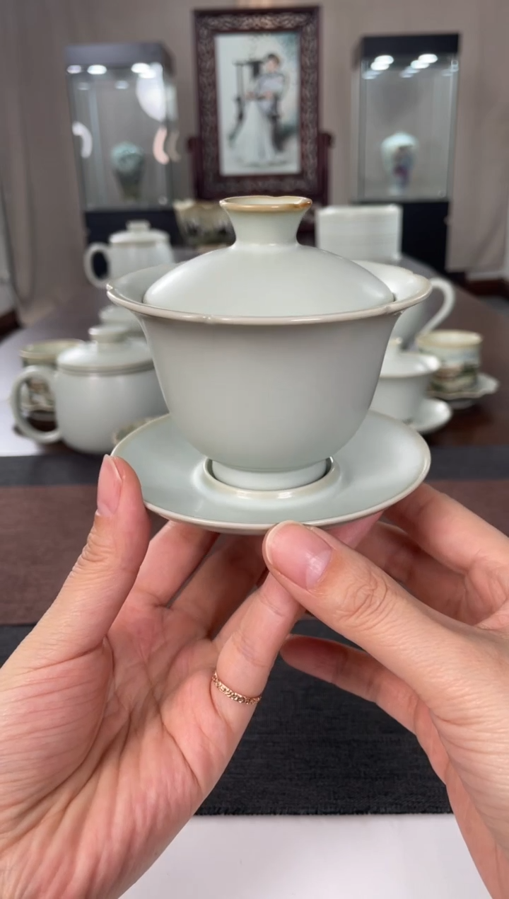 【闪购商品】杯子天青葵花三才盖碗容量165cc