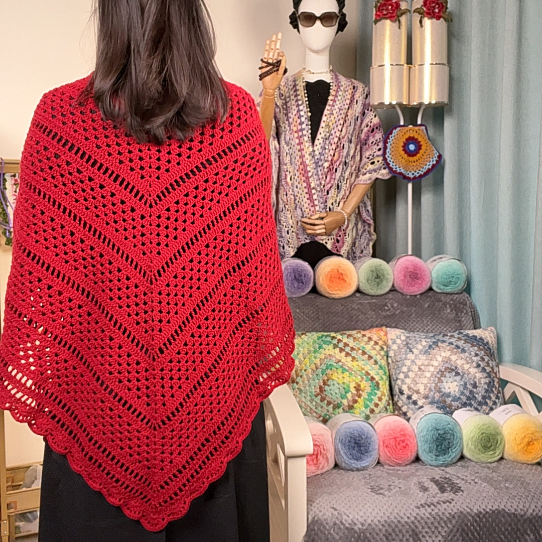 【造物即视】红色三角披肩材料包 四股精梳棉手工DIY编织