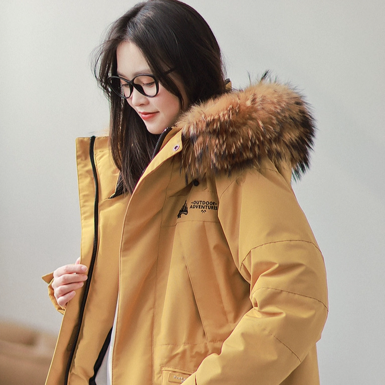 工装情侣派克服女90白鹅绒大毛领