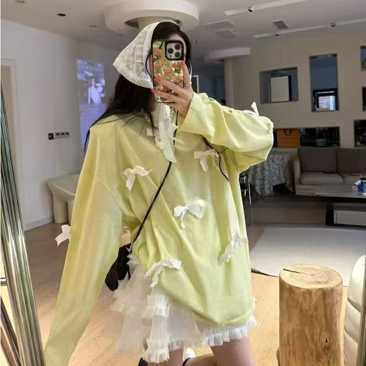 2025新款韩版宽松显瘦蝴蝶结长袖T恤女上衣打底衫防晒