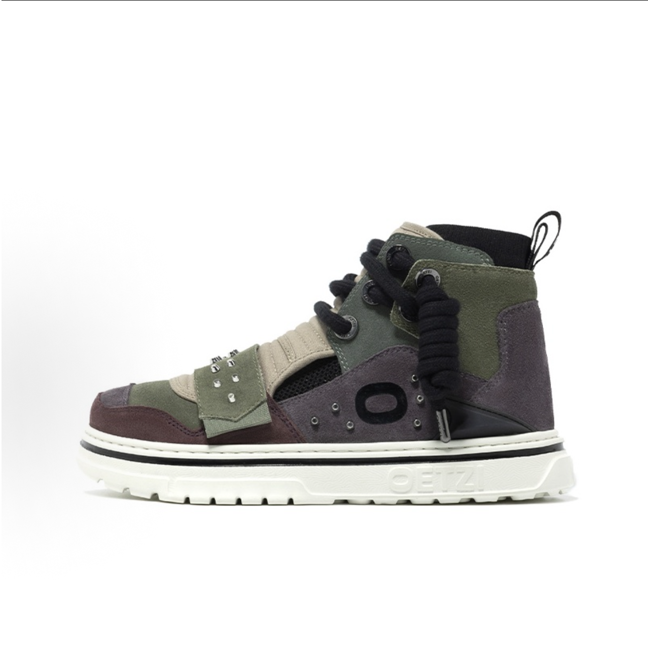东仓-20201-丑萌潮流铆钉高帮 时尚板鞋 咖色拼军绿色