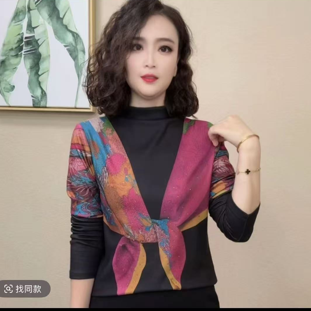 2025秋季女士拼色印花半高领洋气显瘦气质长袖修身打底衫#162