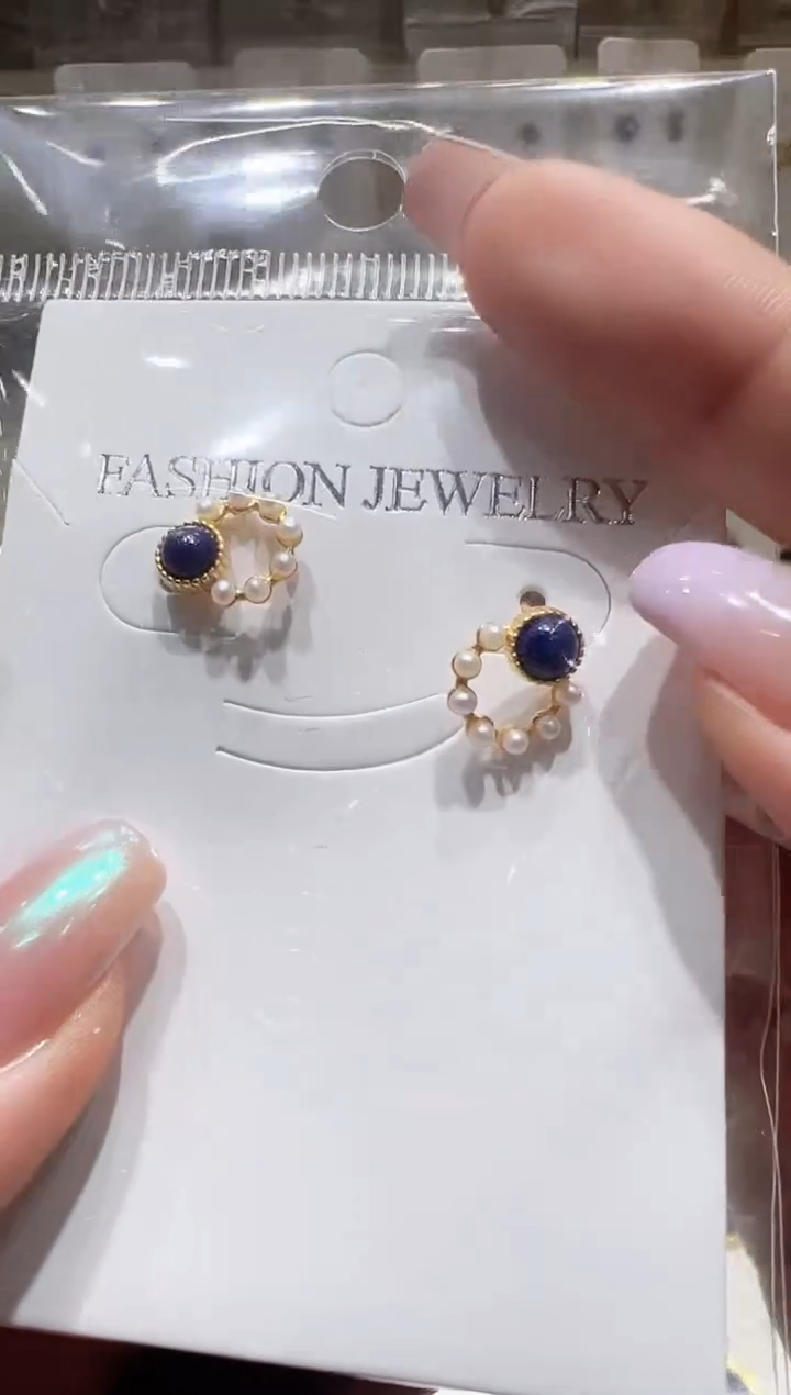 银S925镀金镶嵌青金石耳饰@@