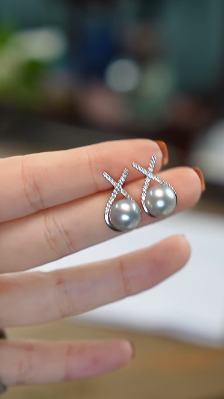 银S925镶嵌耳坠海水珍珠，澳白铂金灰耳钉，
