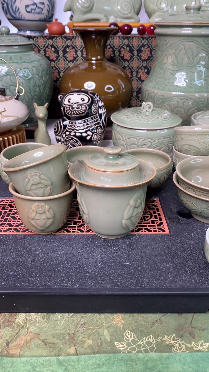 现代耀州窑微瑕三省手抓壶200CC三杯一组