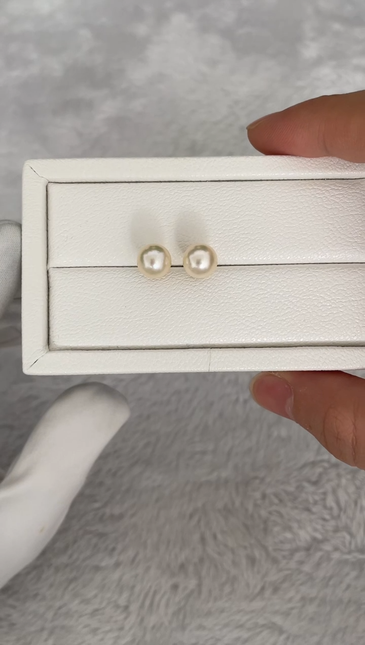 银S925镶嵌耳钉海水珍珠AK羽皇金素钉8-8.5mm