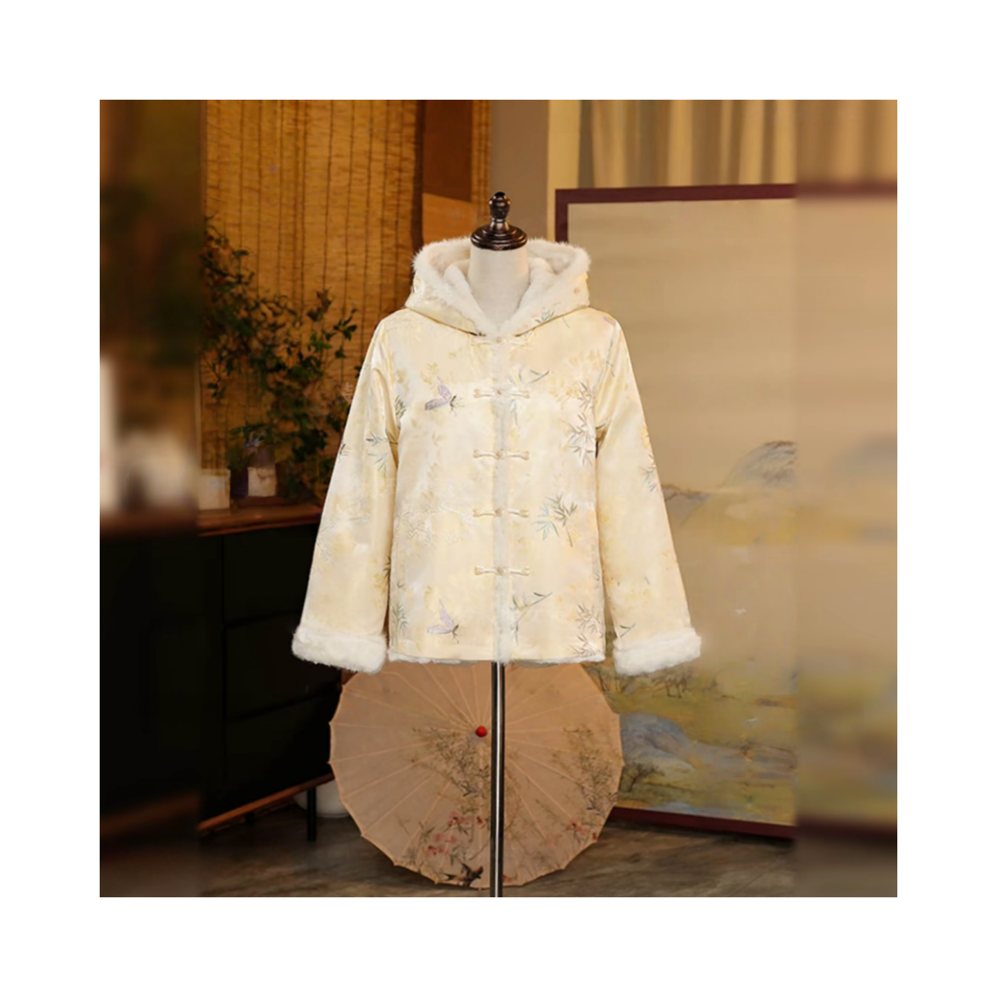 【烟雨抚春】25年冬季新款水貂毛香云老料新中式上衣连帽双面穿